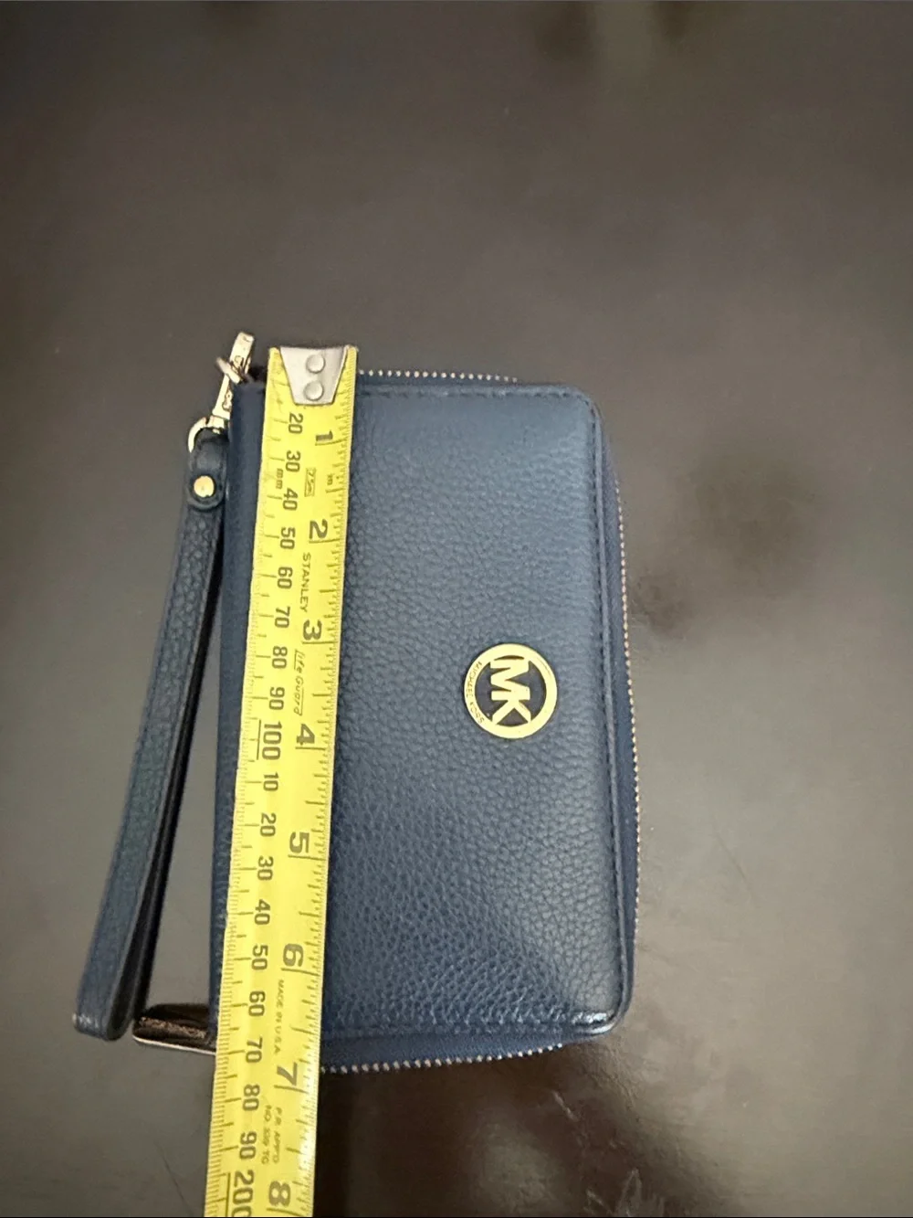 Michael Kors Blue Pebbled Leather Zip Wristlet with Gold MK Logo